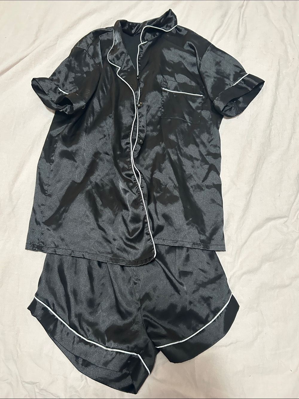 Women's Black Satin Short Pajama Set with White Piping